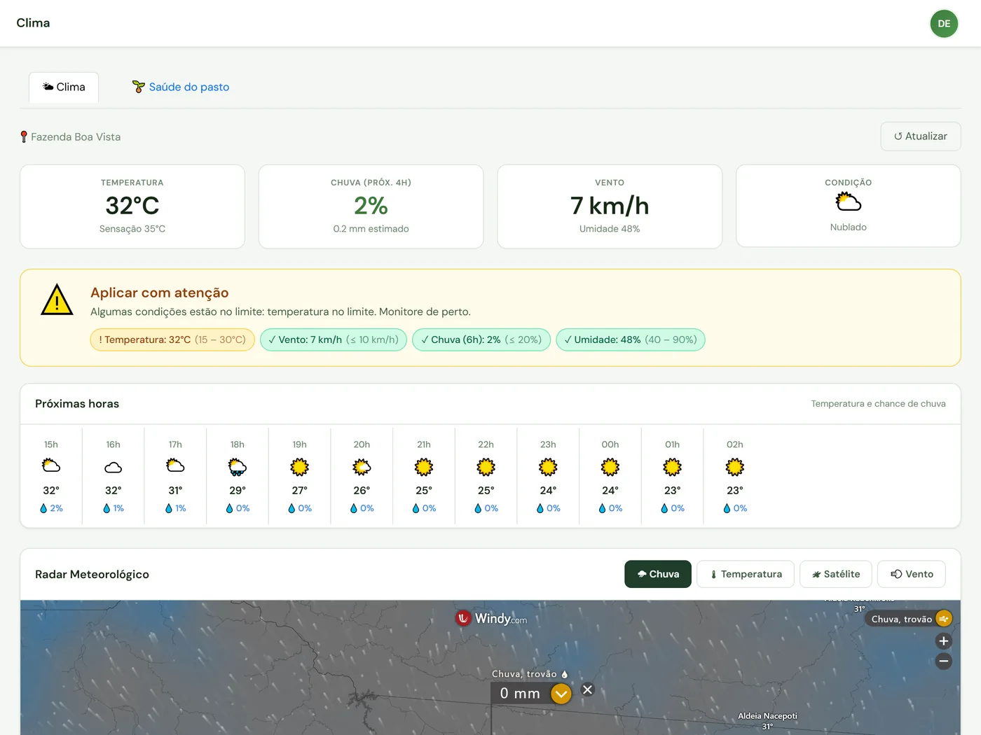 Tela de clima do Bovex: temperatura, chuva, vento, alerta de aplicação e radar meteorológico